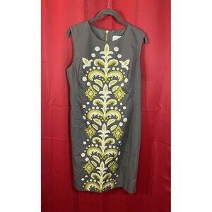 Tabitha Anthropologie Gray Green Embroidered Knit Sheath Dress Sleeveless 12
